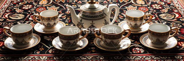 العادات والتقاليد الأصيلة في إكرام الضيف بالمملكة العربية السعودية، صورة بانورامية لدلة قهوة عربية مع فناجين موضوعة على سجادة مزخرفة بشكل معقد، مجموعة قهوة تقليدية مرتبة، مفهوم حسن الضيافة والإستقبال، جلسات وناسة شعبية