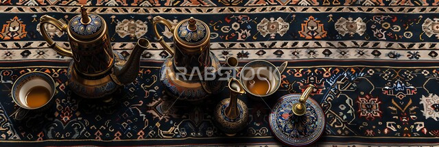 العادات والتقاليد الأصيلة في إكرام الضيف بالمملكة العربية السعودية، صورة بانورامية لدلة قهوة عربية مع فناجين موضوعة على سجادة مزخرفة بشكل معقد، مجموعة قهوة تقليدية مرتبة، مفهوم حسن الضيافة والإستقبال، جلسات وناسة شعبية