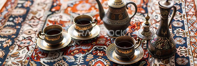 العادات والتقاليد الأصيلة في إكرام الضيف بالمملكة العربية السعودية، صورة بانورامية لدلة قهوة عربية مع فناجين موضوعة على سجادة مزخرفة بشكل معقد، مجموعة قهوة تقليدية مرتبة، مفهوم حسن الضيافة والإستقبال، جلسات وناسة شعبية