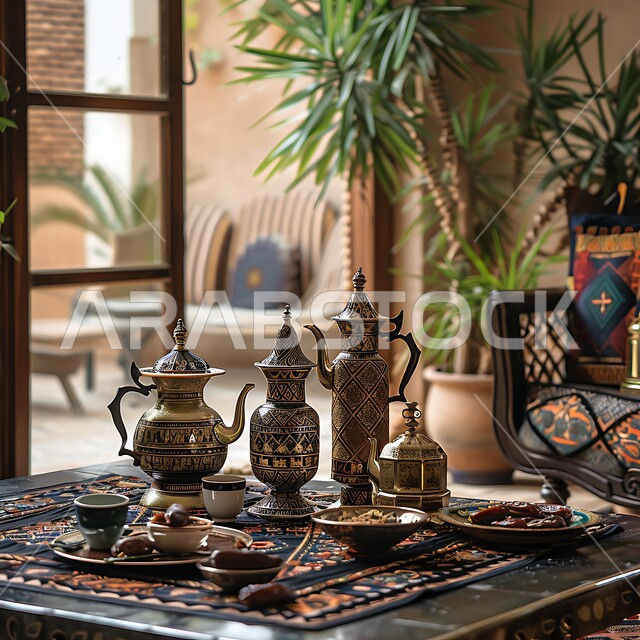 العادات والتقاليد الأصيلة في إكرام الضيف بالمملكة العربية السعودية، دلة قهوة عربية مع فناجين وتمور موضوعة على طاولة مكتبية، مجموعة قهوة تقليدية مرتبة، مفهوم حسن الضيافة والإستقبال، جلسات وناسة شعبية