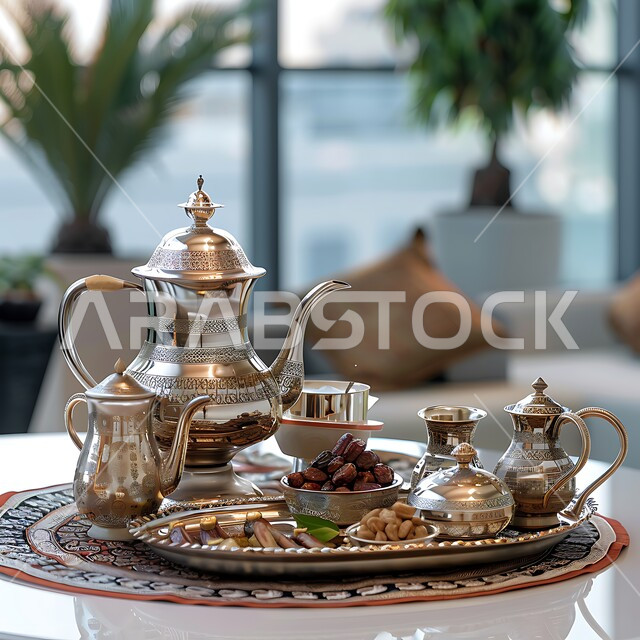 العادات والتقاليد الأصيلة في إكرام الضيف بالمملكة العربية السعودية، دلة قهوة عربية مع فناجين وتمور موضوعة على طاولة مكتبية، مجموعة قهوة تقليدية مرتبة، مفهوم حسن الضيافة والإستقبال، جلسات وناسة شعبية