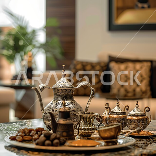 العادات والتقاليد الأصيلة في إكرام الضيف بالمملكة العربية السعودية، دلة قهوة عربية مع فناجين وتمور موضوعة على طاولة مكتبية، مجموعة قهوة تقليدية مرتبة، مفهوم حسن الضيافة والإستقبال، جلسات وناسة شعبية