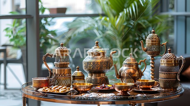 العادات والتقاليد الأصيلة في إكرام الضيف بالمملكة العربية السعودية، دلة قهوة عربية مع فناجين وتمور موضوعة على طاولة مكتبية، مجموعة قهوة تقليدية مرتبة، مفهوم حسن الضيافة والإستقبال، جلسات وناسة شعبية