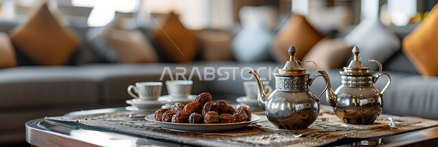 التقاليد والعادات الأصيلة في إكرام الضيف بالمملكة العربية السعودية، صورة بانورامية لدلة قهوة عربية مع فناجين وتمور موضوعة على طاولة مكتبية، مجموعة قهوة تقليدية مرتبة، مفهوم حسن الضيافة والإستقبال، جلسات وناسة شعبية
