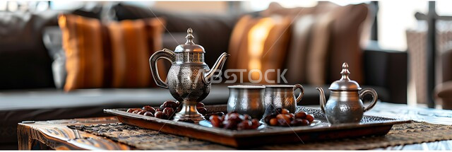 التقاليد والعادات الأصيلة في إكرام الضيف بالمملكة العربية السعودية، صورة بانورامية لدلة قهوة عربية مع فناجين وتمور موضوعة على طاولة مكتبية، مجموعة قهوة تقليدية مرتبة، مفهوم حسن الضيافة والإستقبال، جلسات وناسة شعبية