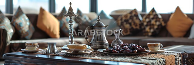 التقاليد والعادات الأصيلة في إكرام الضيف بالمملكة العربية السعودية، صورة بانورامية لدلة قهوة عربية مع فناجين وتمور موضوعة على طاولة مكتبية، مجموعة قهوة تقليدية مرتبة، مفهوم حسن الضيافة والإستقبال، جلسات وناسة شعبية