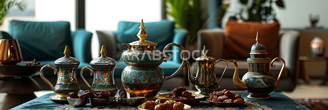 التقاليد والعادات الأصيلة في إكرام الضيف بالمملكة العربية السعودية، صورة بانورامية لدلة قهوة عربية مع فناجين وتمور موضوعة على طاولة مكتبية، مجموعة قهوة تقليدية مرتبة، مفهوم حسن الضيافة والإستقبال، جلسات وناسة شعبية