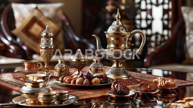 مفهوم حسن الضيافة والإستقبال، العادات والتقاليد الأصيلة في إكرام الضيف بالمملكة العربية السعودية، دلة قهوة عربية مع فناجين وتمور موضوعة على طاولة مكتبية، مجموعة قهوة تقليدية مرتبة، جلسات وناسة شعبية