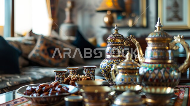 مفهوم حسن الضيافة والإستقبال، العادات والتقاليد الأصيلة في إكرام الضيف بالمملكة العربية السعودية، دلة قهوة عربية مع فناجين وتمور موضوعة على طاولة مكتبية، مجموعة قهوة تقليدية مرتبة، جلسات وناسة شعبية
