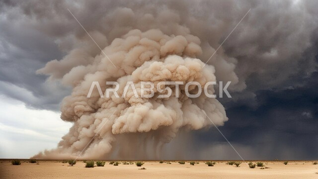 Sandstorm dust in the desert, dust winds in desert areas, dunes and soft golden sand, sand formations and formations in Saudi Arabia, view of the sky filled with dark clouds, strong dust storms