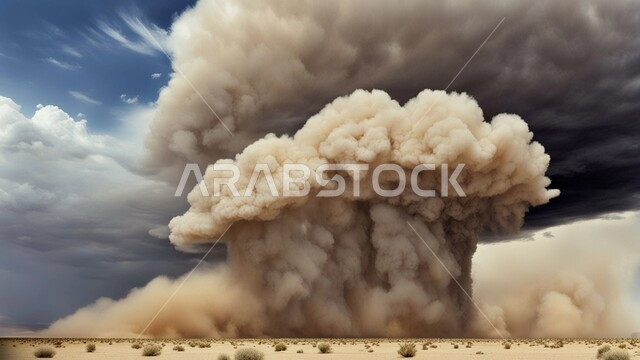 غبار العاصفة الرملية في الصحراء, رياح ترابية في المناطق الصحراوية, الكثبان والرمال الذهبية الناعمة، التشكيلات والتكوينات الرملية في المملكة العربية السعودية, منظر السماء الممتلئة بالغيوم الداكنة، الزوابع الغبارية القوية