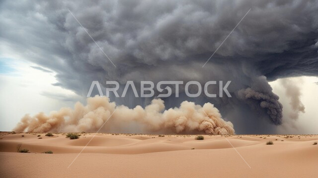 غبار العاصفة الرملية في الصحراء, رياح ترابية في المناطق الصحراوية, الكثبان والرمال الذهبية الناعمة، التشكيلات والتكوينات الرملية في المملكة العربية السعودية, منظر السماء الممتلئة بالغيوم الداكنة، الزوابع الغبارية القوية