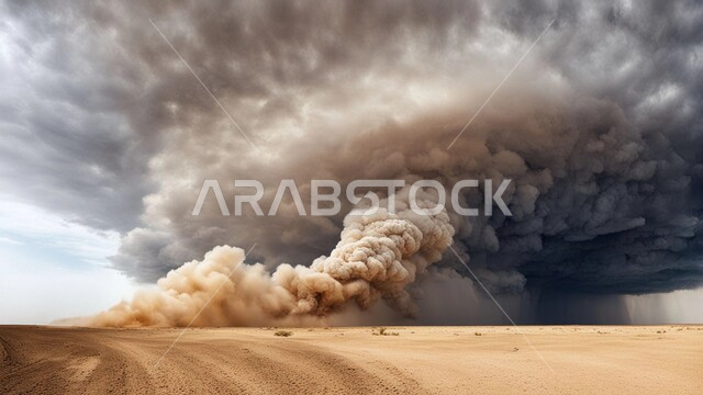 غبار العاصفة الرملية في الصحراء, رياح ترابية في المناطق الصحراوية, الكثبان والرمال الذهبية الناعمة، التشكيلات والتكوينات الرملية في المملكة العربية السعودية, منظر السماء الممتلئة بالغيوم الداكنة، الزوابع الغبارية القوية