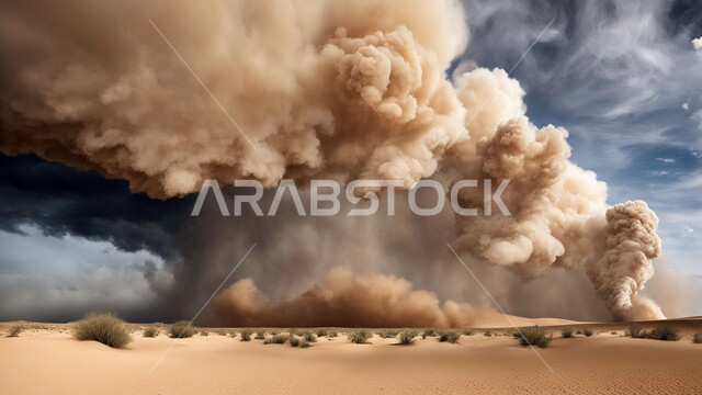 غبار العاصفة الرملية في الصحراء, رياح ترابية في المناطق الصحراوية, الكثبان والرمال الذهبية الناعمة، التشكيلات والتكوينات الرملية في المملكة العربية السعودية, منظر السماء الممتلئة بالغيوم الداكنة، الزوابع الغبارية القوية