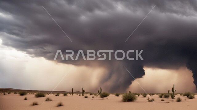 غبار العاصفة الرملية في الصحراء, رياح ترابية في المناطق الصحراوية, الكثبان والرمال الذهبية الناعمة، التشكيلات والتكوينات الرملية في المملكة العربية السعودية, منظر السماء الممتلئة بالغيوم الداكنة، الزوابع الغبارية القوية