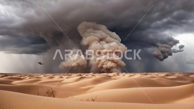 غبار العاصفة الرملية في الصحراء, رياح ترابية في المناطق الصحراوية, الكثبان والرمال الذهبية الناعمة، التشكيلات والتكوينات الرملية في المملكة العربية السعودية, منظر السماء الممتلئة بالغيوم الداكنة، الزوابع الغبارية القوية