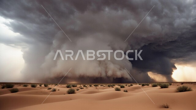 غبار العاصفة الرملية في الصحراء, رياح ترابية في المناطق الصحراوية, الكثبان والرمال الذهبية الناعمة، التشكيلات والتكوينات الرملية في المملكة العربية السعودية, منظر السماء الممتلئة بالغيوم الداكنة، الزوابع الغبارية القوية