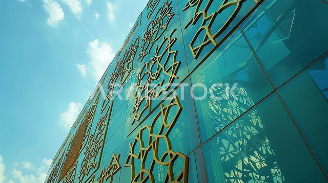الفن الهندسي المعماري لمسجد عربي عريق باللون الأزرق، لقطة مقربة للأنماط والزخارف الهندسية المبتكرة والأعمال الزجاجية في مسجد معاصر، التصاميم والديكورات المتميزة على الطراز الإسلامي الحديث لجدران المساجد