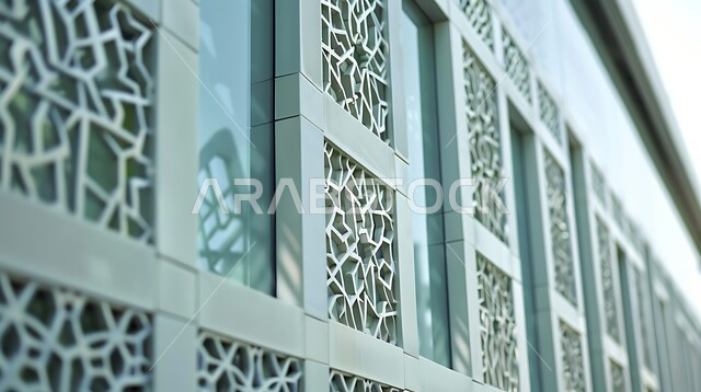 الفن الهندسي المعماري لمسجد عربي عريق باللون الأزرق، لقطة مقربة للأنماط والزخارف الهندسية المبتكرة والأعمال الزجاجية في مسجد معاصر، التصاميم والديكورات المتميزة على الطراز الإسلامي الحديث لجدران المساجد