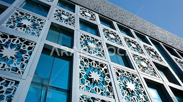 الفن الهندسي المعماري لمسجد عربي عريق باللون الأزرق، لقطة مقربة للأنماط والزخارف الهندسية المبتكرة والأعمال الزجاجية في مسجد معاصر، التصاميم والديكورات المتميزة على الطراز الإسلامي الحديث لجدران المساجد