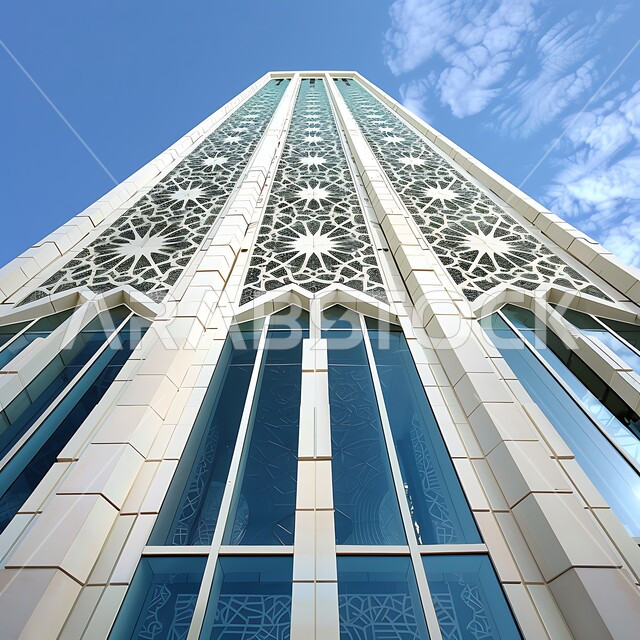 التصاميم والديكورات المتميزة على الطراز الإسلامي الحديث لجدران المساجد، الفن الهندسي المعماري لمسجد عربي عريق باللون الأزرق، لقطة مقربة للأنماط والزخارف الهندسية المبتكرة والأعمال الزجاجية في مسجد معاصر