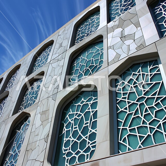 التصاميم والديكورات المتميزة على الطراز الإسلامي الحديث لجدران المساجد، الفن الهندسي المعماري لمسجد عربي عريق باللون الأزرق، لقطة مقربة للأنماط والزخارف الهندسية المبتكرة والأعمال الزجاجية في مسجد معاصر