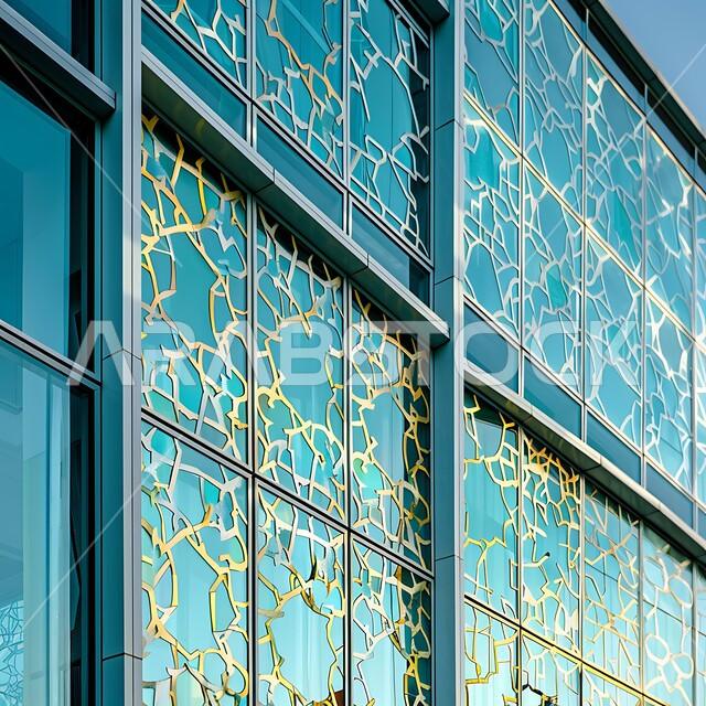 التصاميم والديكورات المتميزة على الطراز الإسلامي الحديث لجدران المساجد، الفن الهندسي المعماري لمسجد عربي عريق باللون الأزرق، لقطة مقربة للأنماط والزخارف الهندسية المبتكرة والأعمال الزجاجية في مسجد معاصر