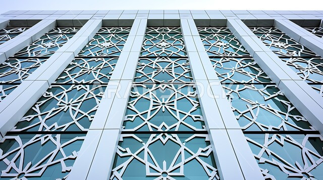 التصاميم والديكورات المتميزة على الطراز الإسلامي الحديث لجدران المساجد، الفن الهندسي المعماري لمسجد عربي عريق باللون الأزرق، لقطة مقربة للأنماط والزخارف الهندسية المبتكرة والأعمال الزجاجية في مسجد معاصر