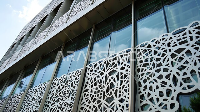 التصاميم والديكورات المتميزة على الطراز الإسلامي الحديث لجدران المساجد، الفن الهندسي المعماري لمسجد عربي عريق باللون الأزرق، لقطة مقربة للأنماط والزخارف الهندسية المبتكرة والأعمال الزجاجية في مسجد معاصر