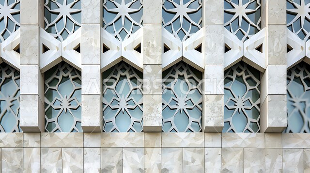التصاميم والديكورات المتميزة على الطراز الإسلامي الحديث لجدران المساجد، الفن الهندسي المعماري لمسجد عربي عريق باللون الأزرق، لقطة مقربة للأنماط والزخارف الهندسية المبتكرة والأعمال الزجاجية في مسجد معاصر