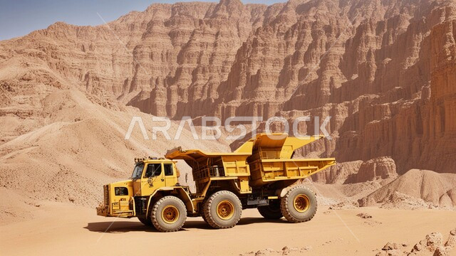 صورة جوية لجرافة تعمل على رفع وتعبئة الرمال والحصى، مفهوم الهندسة والبناء والتطوير، مهن ووظائف هندسية في السعودية، معمل تكسير الحجارة والآلات الضخمة، قوة وتقنية عملية استخراج وتحطيم الصخور، آلات ومعدات ثقيلة
