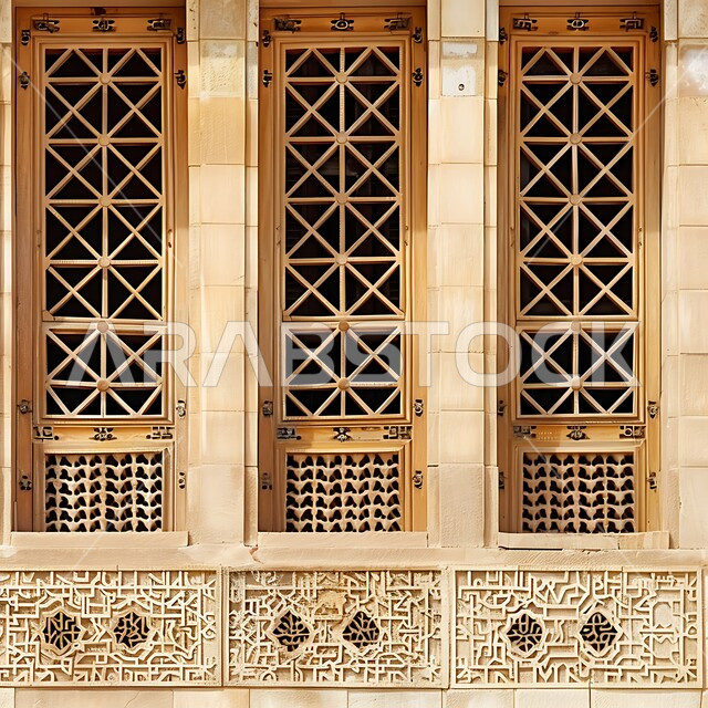 الفن الهندسي المعماري القديم للأبواب والنوافذ الخشبية الأثرية، النقوش والزخارف الحرفية المتميزة على الطراز الإسلامي، صورة مقربة للأنماط الهندسية المعقدة على واجهة مبنى تاريخي في المملكة العربية السعودية