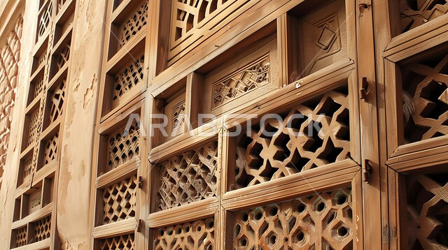 الفن الهندسي المعماري القديم للأبواب والنوافذ الخشبية الأثرية، النقوش والزخارف الحرفية المتميزة على الطراز الإسلامي، صورة مقربة للأنماط الهندسية المعقدة على واجهة مبنى تاريخي في المملكة العربية السعودية