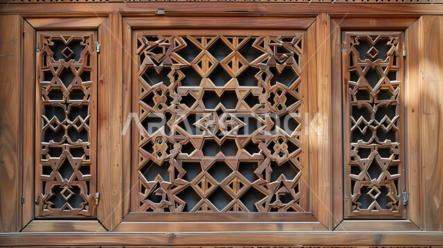 الفن الهندسي المعماري القديم للأبواب والنوافذ الخشبية الأثرية، النقوش والزخارف الحرفية المتميزة على الطراز الإسلامي، صورة مقربة للأنماط الهندسية المعقدة على واجهة مبنى تاريخي في المملكة العربية السعودية