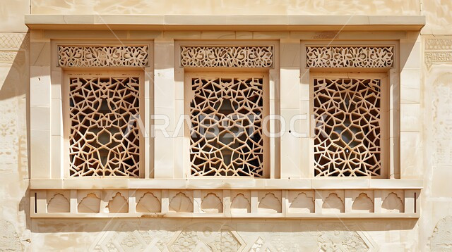 الفن الهندسي المعماري القديم للأبواب والنوافذ الخشبية الأثرية، النقوش والزخارف الحرفية المتميزة على الطراز الإسلامي، صورة مقربة للأنماط الهندسية المعقدة على واجهة مبنى تاريخي في المملكة العربية السعودية