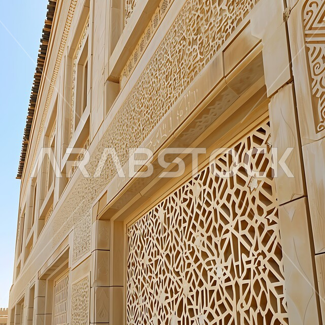 النقوش والزخارف الحرفية المتميزة على الطراز الإسلامي، الفن الهندسي المعماري القديم للأبواب والنوافذ الخشبية الأثرية، صورة مقربة للأنماط الهندسية المعقدة على واجهة مبنى تاريخي في المملكة العربية السعودية