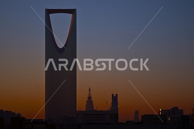 Progress and urban growth in construction, Kingdom Tower in Riyadh at sunset, tall buildings, towers and commercial facilities in the sky, modern designs and engineering arts of skyscrapers in Saudi Arabia, famous tourist places and landmarks