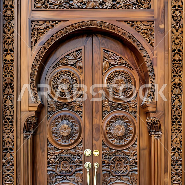 الفنون الهندسية المعمارية والتصاميم الاسلامية الفاخرة، منحوتات قديمة على الطراز التقليدي، صورة مقربة لباب خشبي منحوت بالنقوش والزخارف التراثية، الصناعات المتميزة للبوابات الخشبية في المملكة العربية السعودية