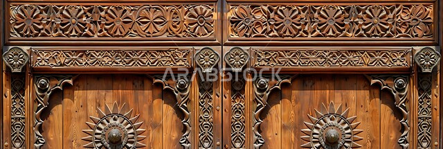 التصاميم الاسلامية و الفنون الهندسية المعمارية الفاخرة، منحوتات قديمة على الطراز التقليدي، صورة بانورامية لباب خشبي منحوت بالنقوش والزخارف التراثية، الصناعات المتميزة للبوابات الخشبية في المملكة العربية السعودية