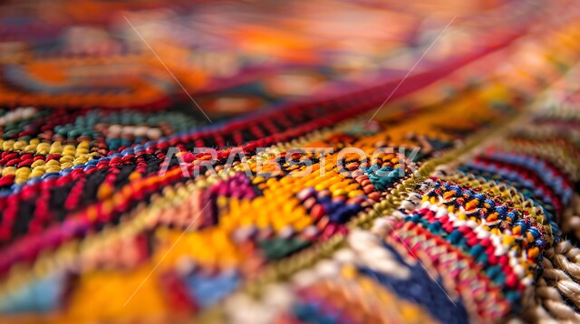 الفن التراثي الحرفي التقليدي، منتجات صناعية محليه وطنيه، صورة مقربة لسجادة منسوجة يدويا بالأنماط والألوان المتنوعة، مهن وحرف شعبية، أسواق تقليدية في المملكة العربية السعودية، نقوشات وزخرفات من التراث السعودي