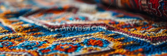 مهن وحرف شعبية، منتجات صناعية محليه وطنيه، الفن التراثي الحرفي التقليدي، صورة بانورامية لسجادة منسوجة يدويا بالأنماط والألوان المتنوعة، أسواق تقليدية في المملكة العربية السعودية، نقوشات وزخرفات من التراث السعودي