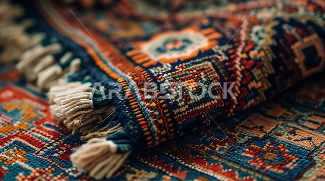 حرف ومهن شعبية، منتجات صناعية محليه وطنيه، الفن التراثي الحرفي التقليدي، صورة مقربة لسجادة منسوجة يدويا بالأنماط والألوان المتنوعة، أسواق تقليدية في المملكة العربية السعودية، نقوشات وزخرفات من التراث السعودي