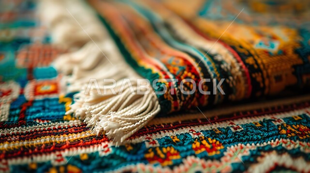 حرف ومهن شعبية، منتجات صناعية محليه وطنيه، الفن التراثي الحرفي التقليدي، صورة مقربة لسجادة منسوجة يدويا بالأنماط والألوان المتنوعة، أسواق تقليدية في المملكة العربية السعودية، نقوشات وزخرفات من التراث السعودي