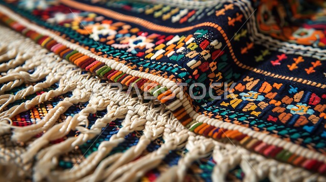 حرف ومهن شعبية، منتجات صناعية محليه وطنيه، الفن التراثي الحرفي التقليدي، صورة مقربة لسجادة منسوجة يدويا بالأنماط والألوان المتنوعة، أسواق تقليدية في المملكة العربية السعودية، نقوشات وزخرفات من التراث السعودي