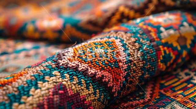 Engravings and decorations from Saudi heritage, popular crafts and professions, local national industrial products, traditional handicraft heritage art, close-up of a hand-woven carpet with various patterns and colors, traditional markets in the Kingdom of Saudi Arabia