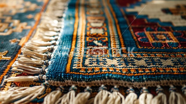 نقوشات وزخرفات من التراث السعودي، حرف ومهن شعبية، منتجات صناعية محليه وطنيه، الفن التراثي الحرفي التقليدي، صورة مقربة لسجادة منسوجة يدويا بالأنماط والألوان المتنوعة، أسواق تقليدية في المملكة العربية السعودية