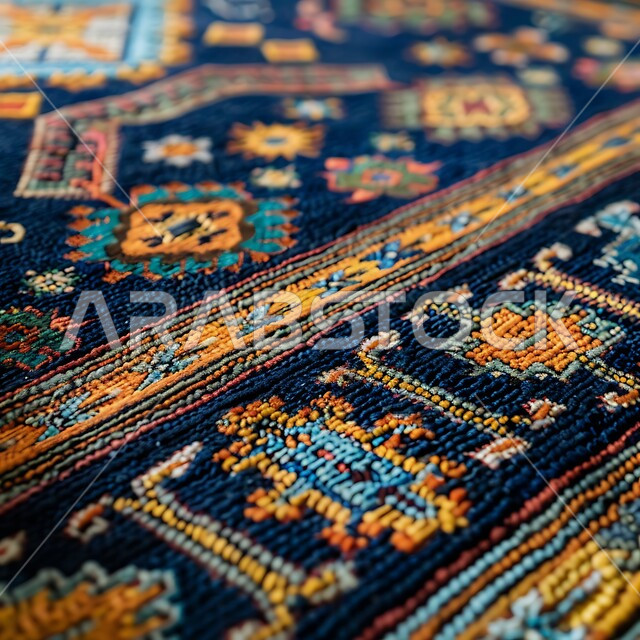 نقوشات وزخرفات من التراث السعودي، حرف ومهن شعبية، منتجات صناعية محليه وطنيه، الفن التراثي الحرفي التقليدي، صورة مقربة لسجادة منسوجة يدويا بالأنماط والألوان المتنوعة، أسواق تقليدية في المملكة العربية السعودية