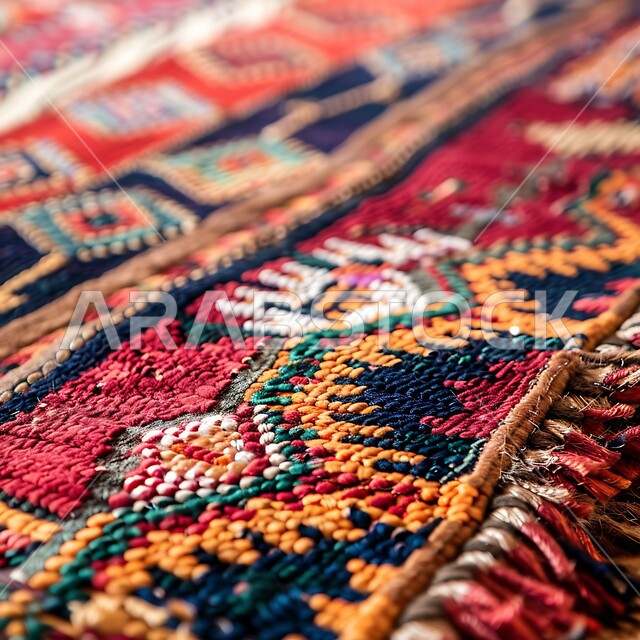 نقوشات وزخرفات من التراث السعودي، حرف ومهن شعبية، منتجات صناعية محليه وطنيه، الفن التراثي الحرفي التقليدي، صورة مقربة لسجادة منسوجة يدويا بالأنماط والألوان المتنوعة، أسواق تقليدية في المملكة العربية السعودية