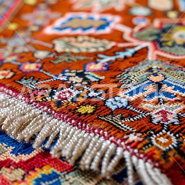 نقوشات وزخرفات من التراث السعودي، حرف ومهن شعبية، منتجات صناعية محليه وطنيه، الفن التراثي الحرفي التقليدي، صورة مقربة لسجادة منسوجة يدويا بالأنماط والألوان المتنوعة، أسواق تقليدية في المملكة العربية السعودية