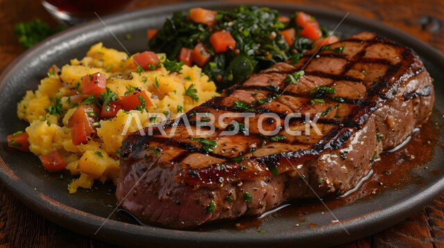 طبق من ستيك اللحم المشوي مع الخضراوات، وجبات لحوم الضأن الصحية، المأكولات العربية الشرقية الشهية، مطاعم الأكلات السريعة، وصفات وأطباق متميزة في مطابخ المملكة العربية السعودية